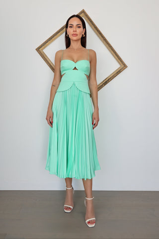 Acler Atholton Midi Dress in Arctic Mint featuring a structured cut-out bodice, delicate straps, sculpted waist detailing and flowing pleated midi skirt.
