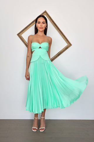 Acler Atholton Midi Dress in Arctic Mint featuring a structured cut-out bodice, delicate straps, sculpted waist detailing and flowing pleated midi skirt.