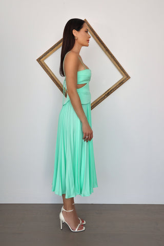 Acler Atholton Midi Dress in Arctic Mint featuring a structured cut-out bodice, delicate straps, sculpted waist detailing and flowing pleated midi skirt.
