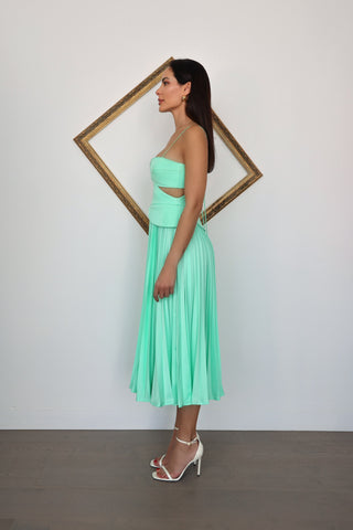 Acler Atholton Midi Dress in Arctic Mint featuring a structured cut-out bodice, delicate straps, sculpted waist detailing and flowing pleated midi skirt.