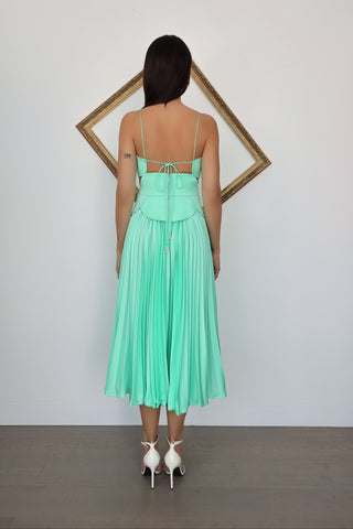Acler Atholton Midi Dress in Arctic Mint featuring a structured cut-out bodice, delicate straps, sculpted waist detailing and flowing pleated midi skirt.