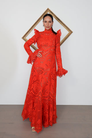 Brightside Palm red openwork-lace silk organza gown with high neck and dramatic sleeves, shown on model.