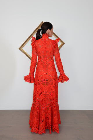 Zimmermann Brightside Palm Openwork-Lace Silk Organza Gown – Red – Size 0