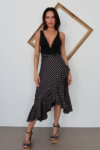 Zimmermann navy silk blend flounce skirt with mustard polka dot print