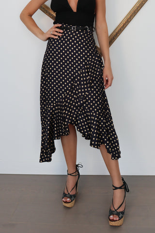 Zimmermann navy silk blend flounce skirt with mustard polka dot print