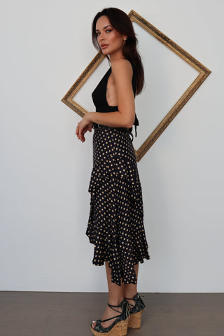 Zimmermann navy silk blend flounce skirt with mustard polka dot print