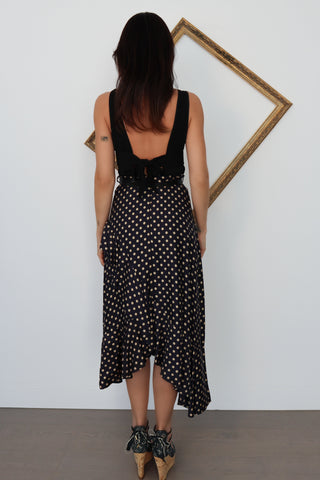 Zimmermann navy silk blend flounce skirt with mustard polka dot print