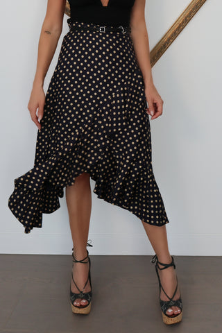 Zimmermann navy silk blend flounce skirt with mustard polka dot print