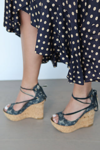 Zimmermann navy silk blend flounce skirt with mustard polka dot print