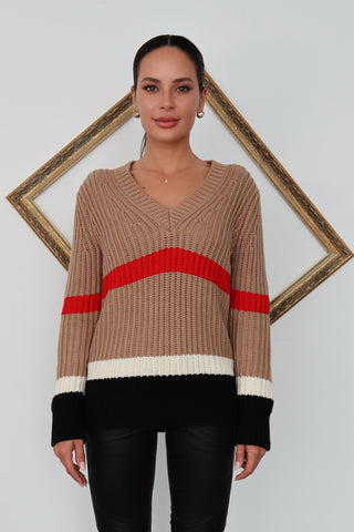 Burberry beige cashmere-blend V-neck sweater with red stripe detailing, women’s size XXS.