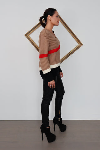 Burberry beige cashmere-blend V-neck sweater with red stripe detailing, women’s size XXS.