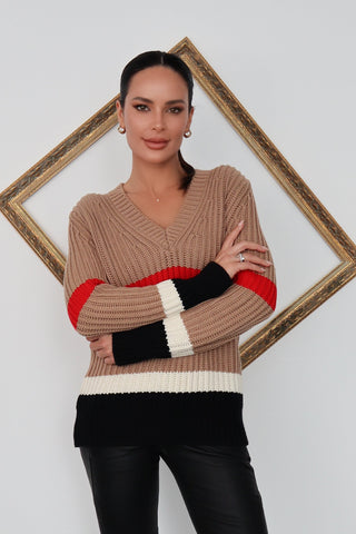 Burberry beige cashmere-blend V-neck sweater with red stripe detailing, women’s size XXS.