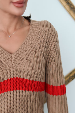 Burberry beige cashmere-blend V-neck sweater with red stripe detailing, women’s size XXS.