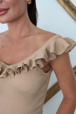 Zimmermann Wylie beige and gold frill V-neck top with feminine drape, women’s size 0.