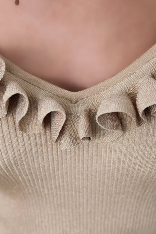 Zimmermann Wylie beige and gold frill V-neck top with feminine drape, women’s size 0.