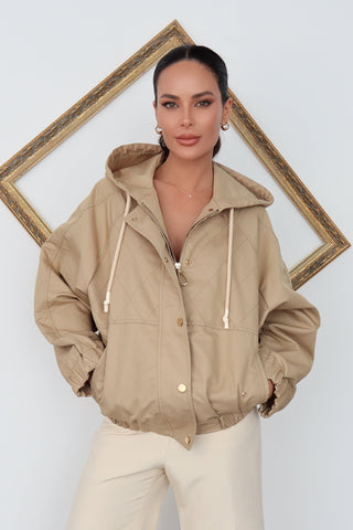 Sandro sand cotton-blend gabardine hooded jacket with zip front, women’s size 36.