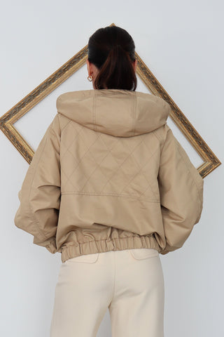 Sandro sand cotton-blend gabardine hooded jacket with zip front, women’s size 36.