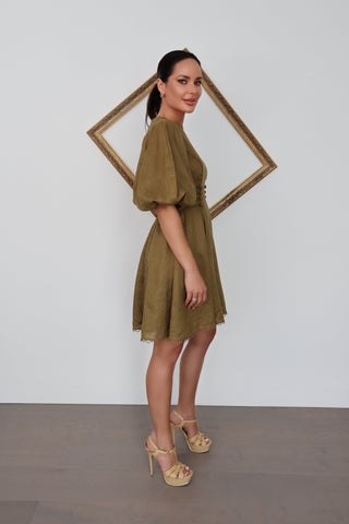 Zimmermann olive green linen mini dress with tailored waist, size 0.
