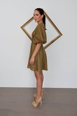 Zimmermann olive green linen mini dress with tailored waist, size 0.