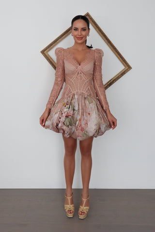 Zimmermann Dancer rose lace mini dress with floral bubble skirt, women’s size 0P