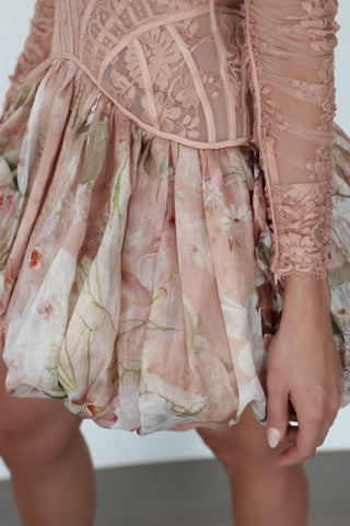 Zimmermann Dancer rose lace mini dress with floral bubble skirt, women’s size 0P.