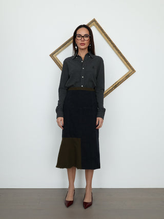 Marni women’s colour-block midi skirt in navy and brown, IT Size 44, featuring asymmetric panel construction, a softly flared lower section and raw-edge hem detailing.