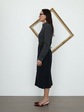 Marni women’s colour-block midi skirt in navy and brown, IT Size 44, featuring asymmetric panel construction, a softly flared lower section and raw-edge hem detailing.