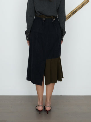 Marni women’s colour-block midi skirt in navy and brown, IT Size 44, featuring asymmetric panel construction, a softly flared lower section and raw-edge hem detailing.