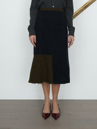 Marni women’s colour-block midi skirt in navy and brown, IT Size 44, featuring asymmetric panel construction, a softly flared lower section and raw-edge hem detailing.
