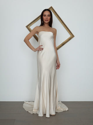 Shona Joy La Lune women’s strapless satin gown in ivory, AU Size 10, featuring a straight neckline, bias-cut silhouette, floor-length skirt and sweeping train.