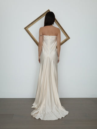 Shona Joy La Lune women’s strapless satin gown in ivory, AU Size 10, featuring a straight neckline, bias-cut silhouette, floor-length skirt and sweeping train.