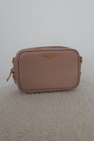  Prada Saffiano Lux Small Camera Crossbody Bag, beige (Cipria), gold-tone hardware.