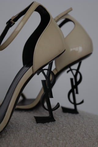 Saint Laurent Opyum Logo Sandals, patent leather, sculptural logo heel, IT 38.5. Made in Italy.