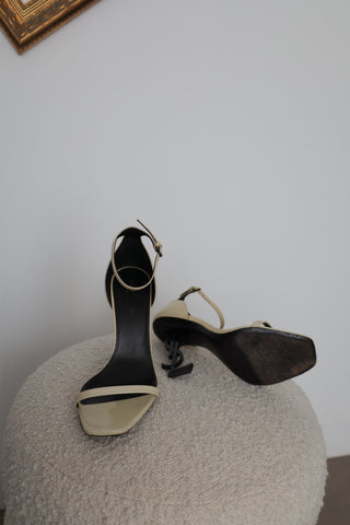 Saint Laurent Opyum Logo Sandals, patent leather, sculptural logo heel, IT 38.5. Made in Italy.