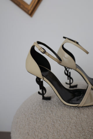 Saint Laurent Opyum Logo Sandals, patent leather, sculptural logo heel, IT 38.5. Made in Italy.