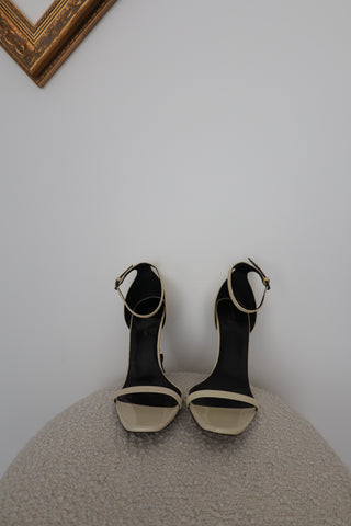 Saint Laurent Opyum Logo Sandals, patent leather, sculptural logo heel, IT 38.5. Made in Italy.