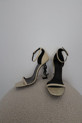 Saint Laurent Opyum Logo Sandals, patent leather, sculptural logo heel, IT 38.5. Made in Italy.