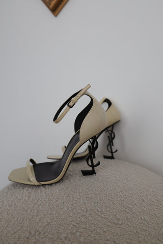 Saint Laurent Opyum Logo Sandals, patent leather, sculptural logo heel, IT 38.5. Made in Italy.