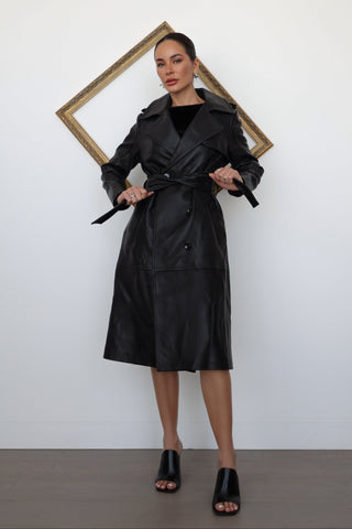 Ena Pelly Leather Trenchcoat, Black, Belted, Size 8