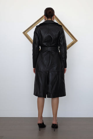 Ena Pelly Leather Trenchcoat, Black, Belted, Size 8