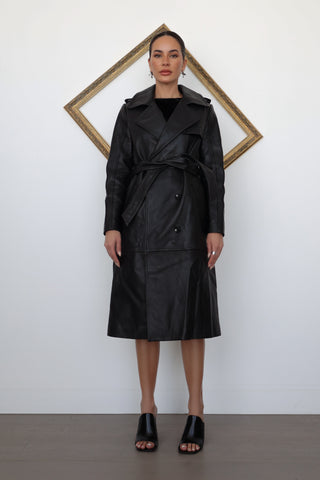 Ena Pelly Leather Trenchcoat, Black, Belted, Size 8