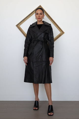 Ena Pelly Leather Trenchcoat, Black, Belted, Size 8