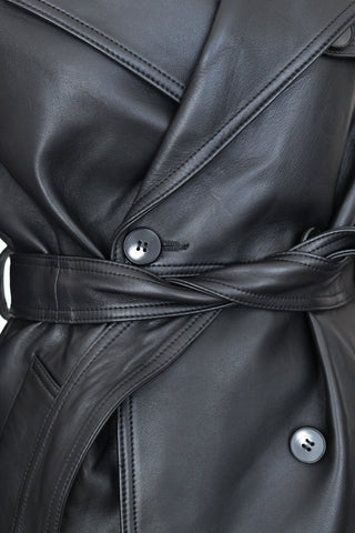 Ena Pelly Leather Trenchcoat, Black, Belted, Size 8