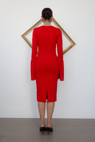 Karengee Long Sleeve Dress, Red, Bell Sleeves, Size XS