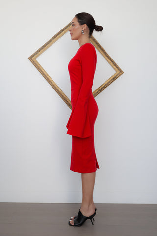 Karengee Long Sleeve Dress, Red, Bell Sleeves, Size XS