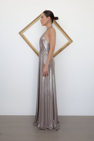 Misha Alusia Metallic Maxi Dress, Taupe, Size M
