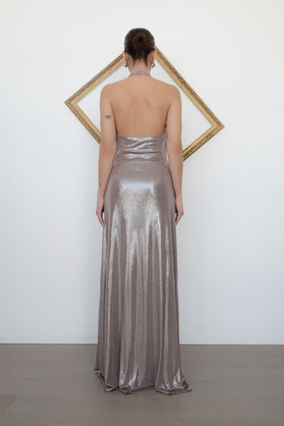 Misha Alusia Metallic Maxi Dress, Taupe, Size M