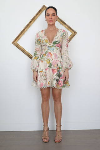 Zimmermann Pink Floral Mini Dress with Crochet Trim – Size 0P