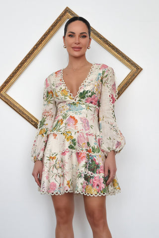 Zimmermann Pink Floral Mini Dress with Crochet Trim – Size 0P