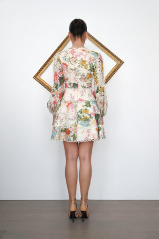 Zimmermann Pink Floral Mini Dress with Crochet Trim – Size 0P